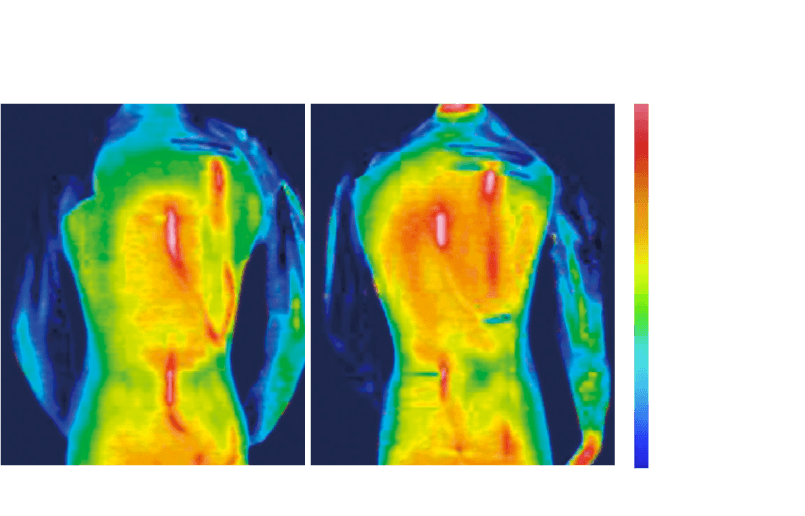 屋外で15分経過後、シャツを捲り上げたマネキンのサーモグラフィー